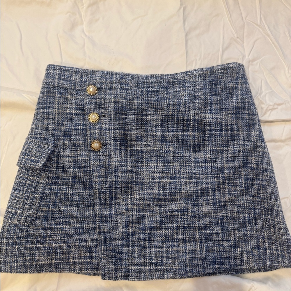 Maeve Blue Tweed Mini Skirt with Button Accents